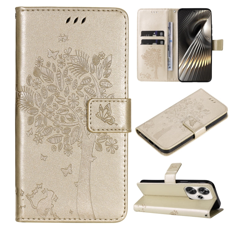 Tree & Cat Embossed Pattern Flip Leather Phone Case, For Xiaomi 14T, For Xiaomi Poco F6