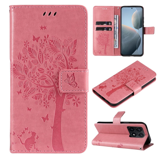 Pink flip leather phone case with embossed tree and cat, card slots, kickstand