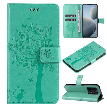 Tree & Cat Embossed Pattern Flip Leather Phone Case, For Xiaomi 14T, For Xiaomi Poco F6