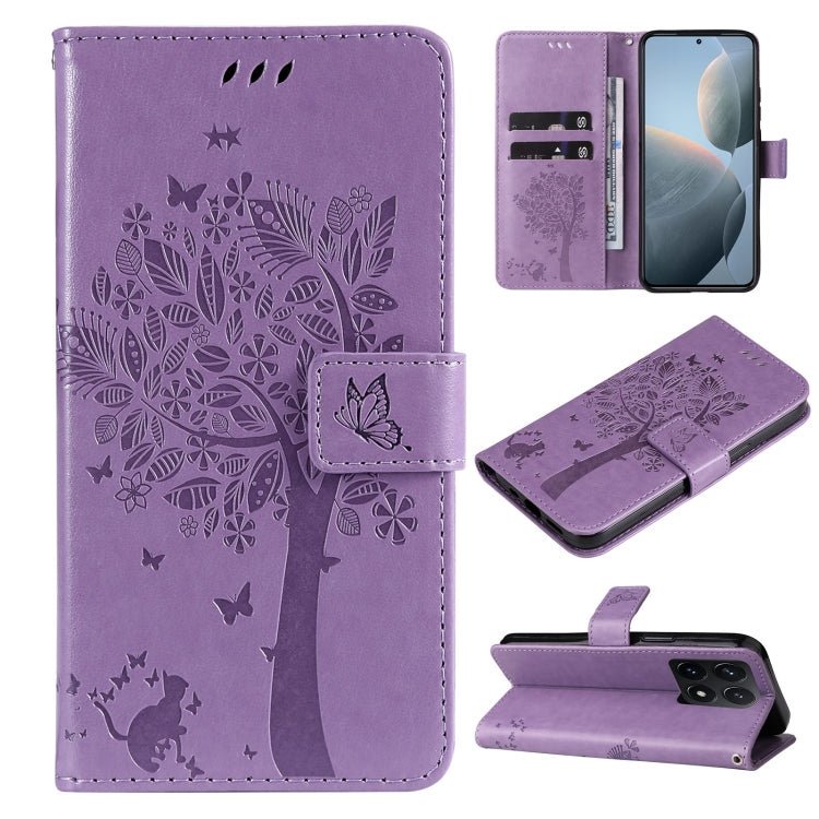 Tree & Cat Embossed Pattern Flip Leather Phone Case, For Xiaomi 14T, For Xiaomi Poco F6