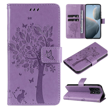 Tree & Cat Embossed Pattern Flip Leather Phone Case, For Xiaomi 14T, For Xiaomi Poco F6