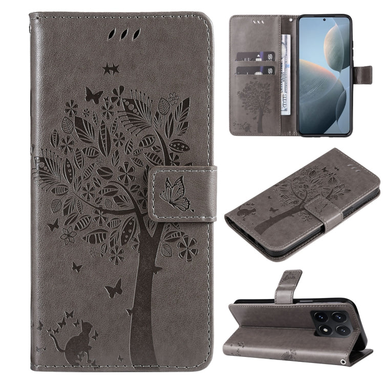 Tree & Cat Embossed Pattern Flip Leather Phone Case, For Xiaomi 14T, For Xiaomi Poco F6