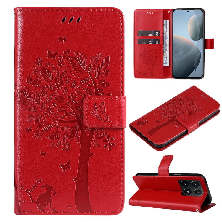 Tree & Cat Embossed Pattern Flip Leather Phone Case, For Xiaomi 14T, For Xiaomi Poco F6