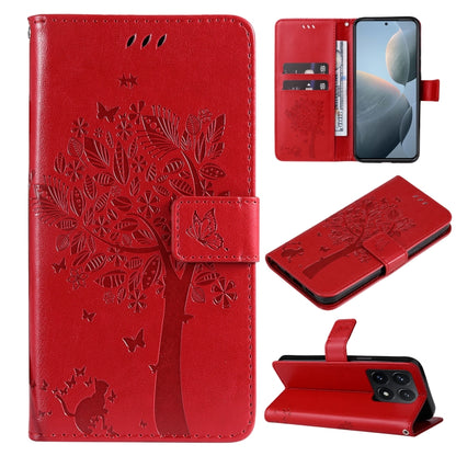Tree & Cat Embossed Pattern Flip Leather Phone Case, For Xiaomi 14T, For Xiaomi Poco F6