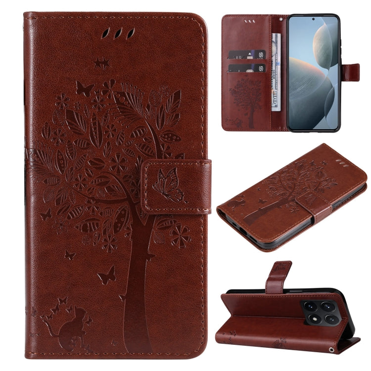 Tree & Cat Embossed Pattern Flip Leather Phone Case, For Xiaomi 14T, For Xiaomi Poco F6