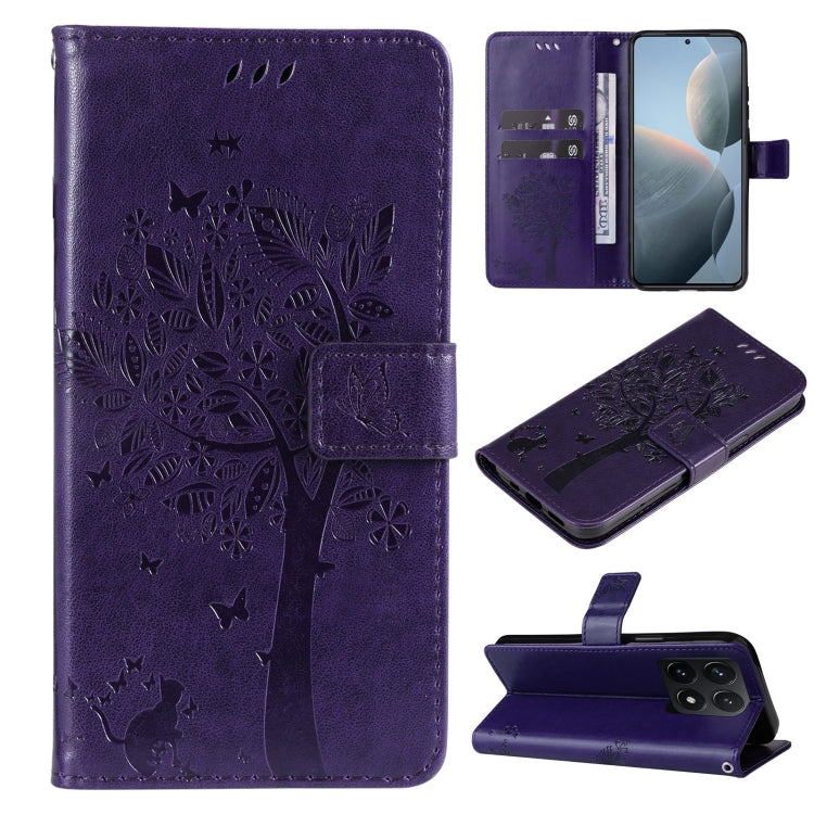 Tree & Cat Embossed Pattern Flip Leather Phone Case, For Xiaomi 14T, For Xiaomi Poco F6