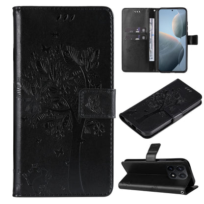 Tree & Cat Embossed Pattern Flip Leather Phone Case, For Xiaomi 14T, For Xiaomi Poco F6
