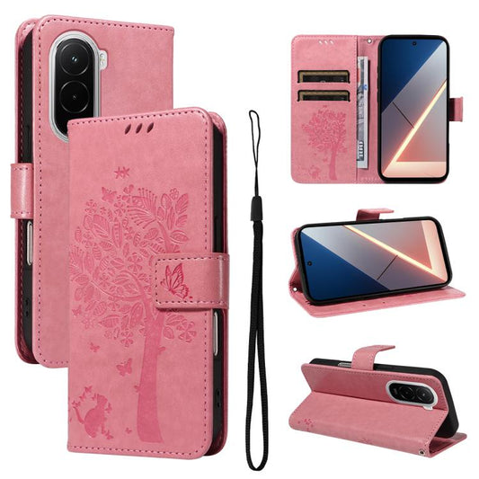 Pink flip leather phone case with embossed tree and cat pattern, strap closure