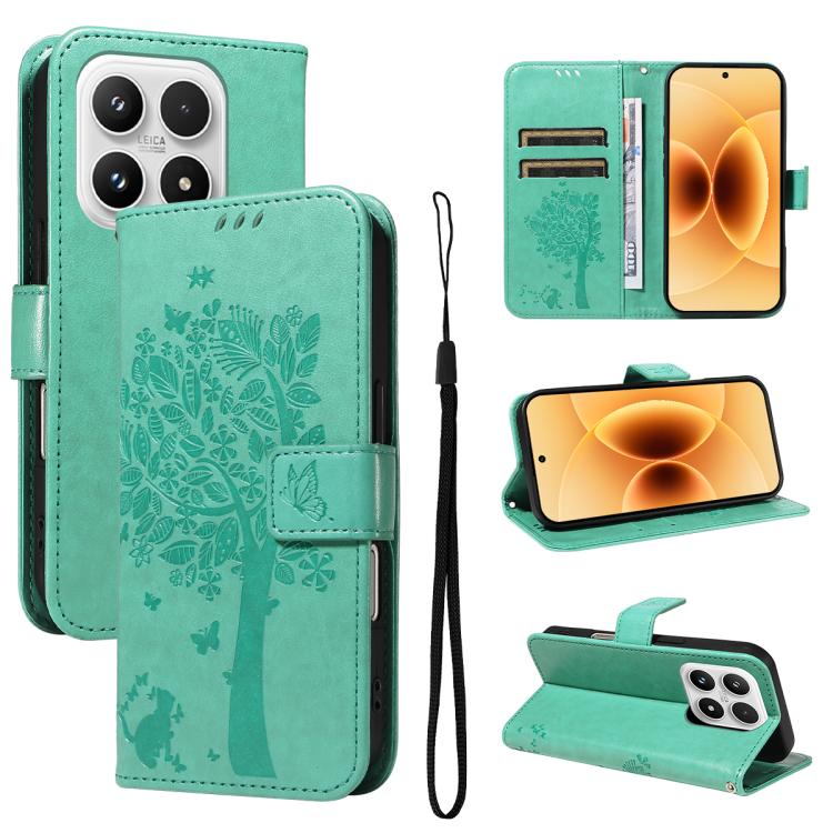 Tree & Cat Embossed Pattern Flip Leather Phone Case, For Xiaomi 17 Max 5G, For Xiaomi 17T Pro 5G Global, For Xiaomi 17T 5G Global, For Xiaomi Poco X8 Pro Max 5G, For Xiaomi 17 Ultra, For Xiaomi 17 Pro Max, For Xiaomi 17