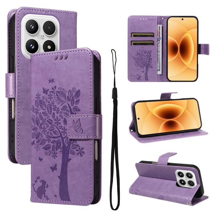 Tree & Cat Embossed Pattern Flip Leather Phone Case, For Xiaomi 17 Max 5G, For Xiaomi 17T Pro 5G Global, For Xiaomi 17T 5G Global, For Xiaomi Poco X8 Pro Max 5G, For Xiaomi 17 Ultra, For Xiaomi 17 Pro Max, For Xiaomi 17