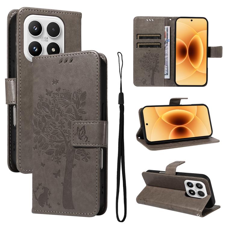 Tree & Cat Embossed Pattern Flip Leather Phone Case, For Xiaomi 17 Max 5G, For Xiaomi 17T Pro 5G Global, For Xiaomi 17T 5G Global, For Xiaomi Poco X8 Pro Max 5G, For Xiaomi 17 Ultra, For Xiaomi 17 Pro Max, For Xiaomi 17