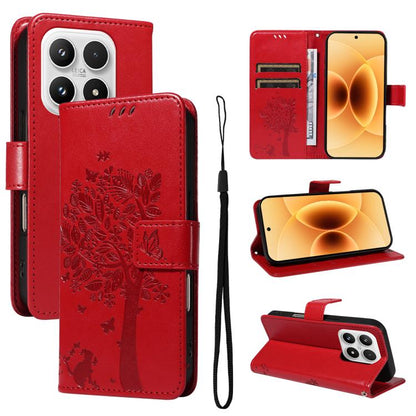 Tree & Cat Embossed Pattern Flip Leather Phone Case, For Xiaomi 17 Max 5G, For Xiaomi 17T Pro 5G Global, For Xiaomi 17T 5G Global, For Xiaomi Poco X8 Pro Max 5G, For Xiaomi 17 Ultra, For Xiaomi 17 Pro Max, For Xiaomi 17
