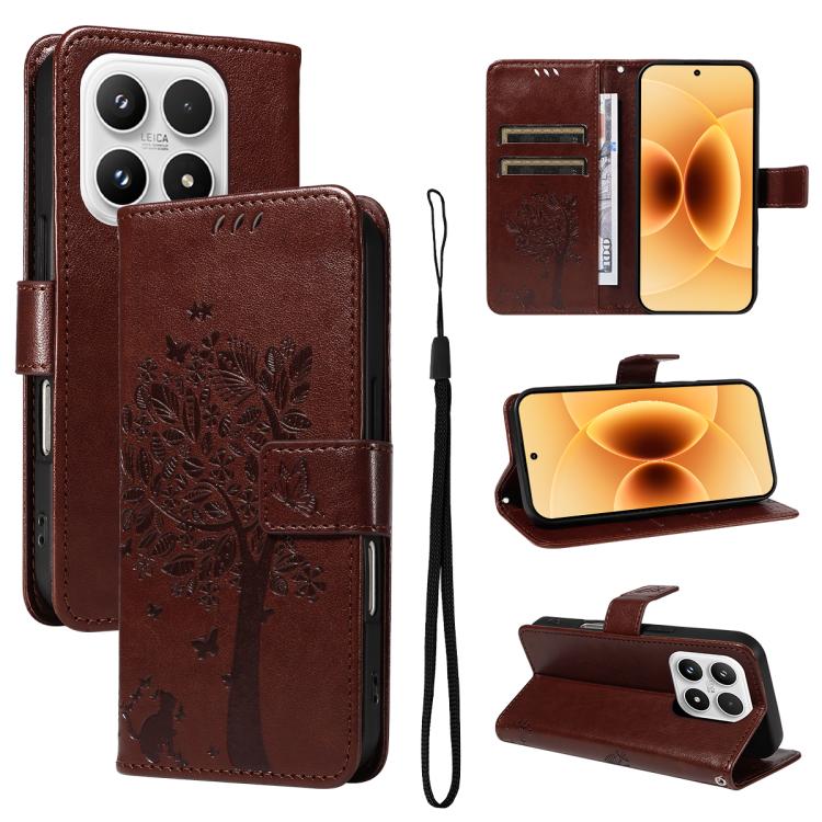 Tree & Cat Embossed Pattern Flip Leather Phone Case, For Xiaomi 17 Max 5G, For Xiaomi 17T Pro 5G Global, For Xiaomi 17T 5G Global, For Xiaomi Poco X8 Pro Max 5G, For Xiaomi 17 Ultra, For Xiaomi 17 Pro Max, For Xiaomi 17