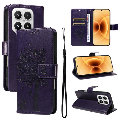Tree & Cat Embossed Pattern Flip Leather Phone Case, For Xiaomi 17 Max 5G, For Xiaomi 17T Pro 5G Global, For Xiaomi 17T 5G Global, For Xiaomi Poco X8 Pro Max 5G, For Xiaomi 17 Ultra, For Xiaomi 17 Pro Max, For Xiaomi 17