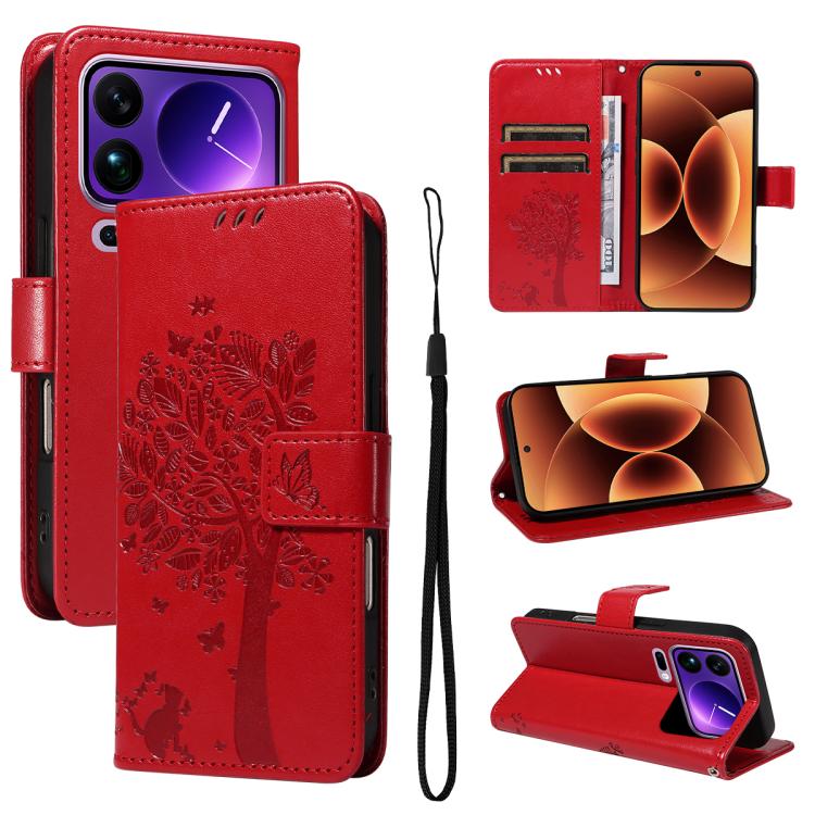 Tree & Cat Embossed Pattern Flip Leather Phone Case, For Xiaomi 17 Max 5G, For Xiaomi 17T Pro 5G Global, For Xiaomi 17T 5G Global, For Xiaomi Poco X8 Pro Max 5G, For Xiaomi 17 Ultra, For Xiaomi 17 Pro Max, For Xiaomi 17
