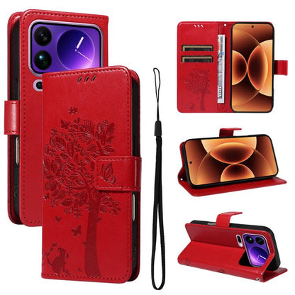 Tree & Cat Embossed Pattern Flip Leather Phone Case, For Xiaomi 17 Max 5G, For Xiaomi 17T Pro 5G Global, For Xiaomi 17T 5G Global, For Xiaomi Poco X8 Pro Max 5G, For Xiaomi 17 Ultra, For Xiaomi 17 Pro Max, For Xiaomi 17
