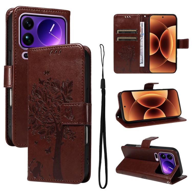 Tree & Cat Embossed Pattern Flip Leather Phone Case, For Xiaomi 17 Max 5G, For Xiaomi 17T Pro 5G Global, For Xiaomi 17T 5G Global, For Xiaomi Poco X8 Pro Max 5G, For Xiaomi 17 Ultra, For Xiaomi 17 Pro Max, For Xiaomi 17