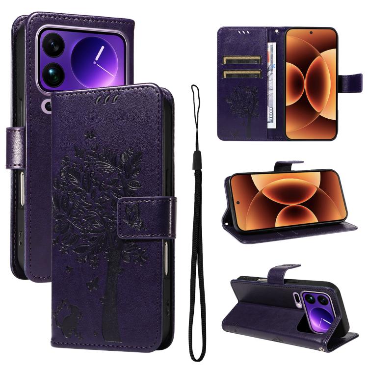 Tree & Cat Embossed Pattern Flip Leather Phone Case, For Xiaomi 17 Max 5G, For Xiaomi 17T Pro 5G Global, For Xiaomi 17T 5G Global, For Xiaomi Poco X8 Pro Max 5G, For Xiaomi 17 Ultra, For Xiaomi 17 Pro Max, For Xiaomi 17