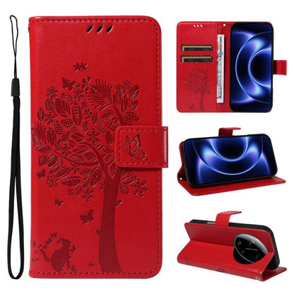 Tree & Cat Embossed Pattern Flip Leather Phone Case, For Xiaomi 17 Max 5G, For Xiaomi 17T Pro 5G Global, For Xiaomi 17T 5G Global, For Xiaomi Poco X8 Pro Max 5G, For Xiaomi 17 Ultra, For Xiaomi 17 Pro Max, For Xiaomi 17
