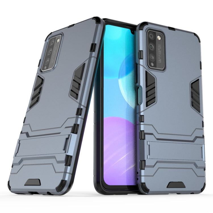 Shockproof protective phone case with rugged armor detailing, black, front and back view