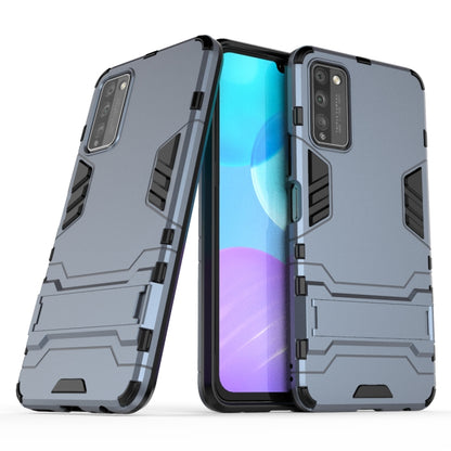 Shockproof protective phone case with rugged armor detailing, black, front and back view