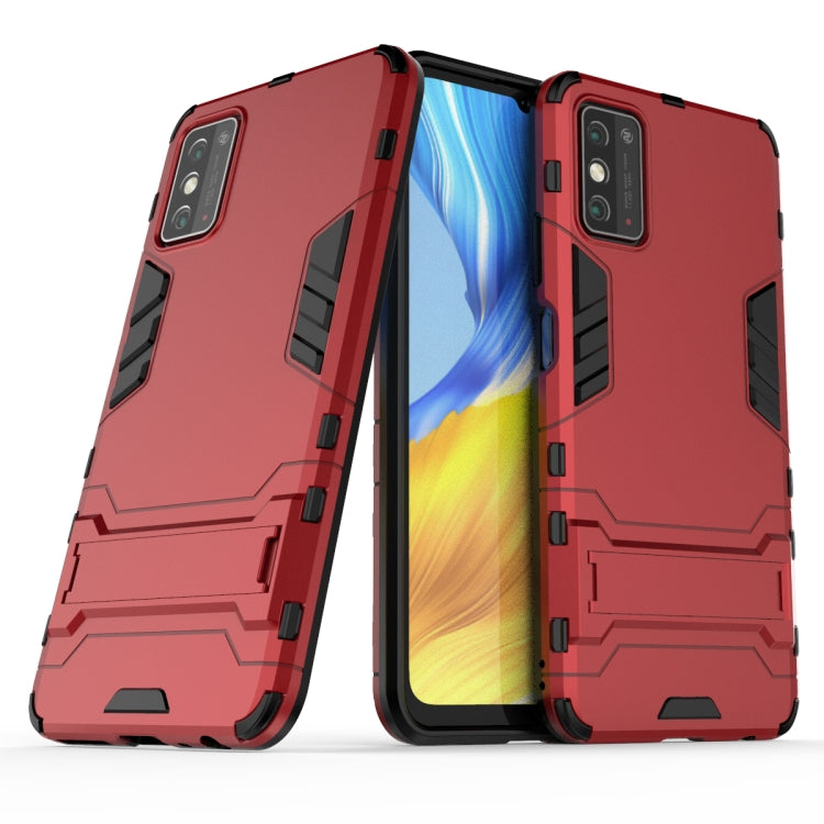 Shockproof protective phone case with rugged armor design, red, front and back view