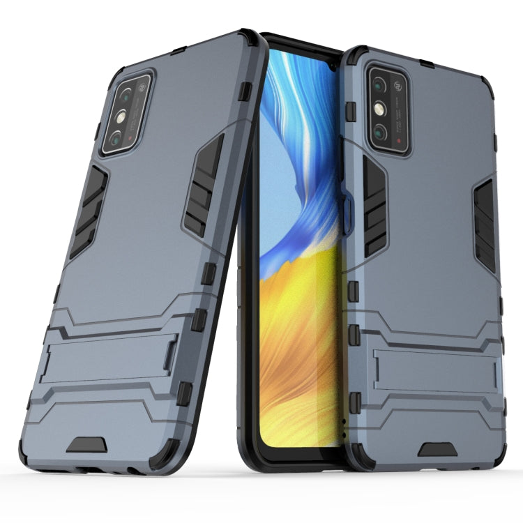 Shockproof protective phone case with rugged armor design, gray/black, front and back view