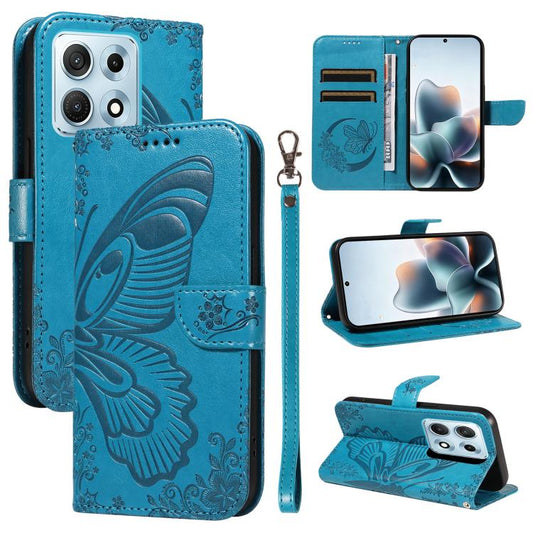 Blue swallowtail embossed leather phone case with flip cover, card slots, and strap