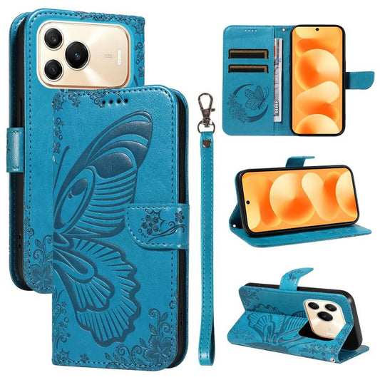 Embossed leather phone case with butterfly design, blue folio cover and wrist strap
