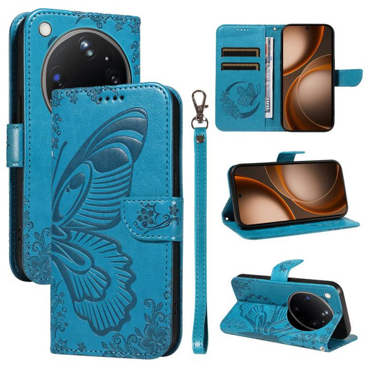 Blue swallowtail butterfly embossed leather folio phone case with strap and camera cutout