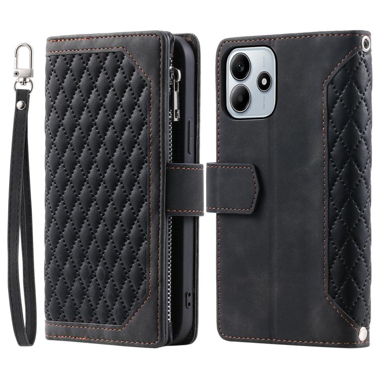 Grid Texture Zipper Leather Phone Case with Lanyard, For Redmi Note 17 5G/4G 169.74mm, For Redmi Note 17 Pro+ 5G Global 163.4mm, For Redmi 17 5G/4G Global 170mm, For Redmi Note 14 4G EU 164.84mm, For Redmi Note 14 Pro 4G, For Xiaomi Redmi Note 14 5G   ...