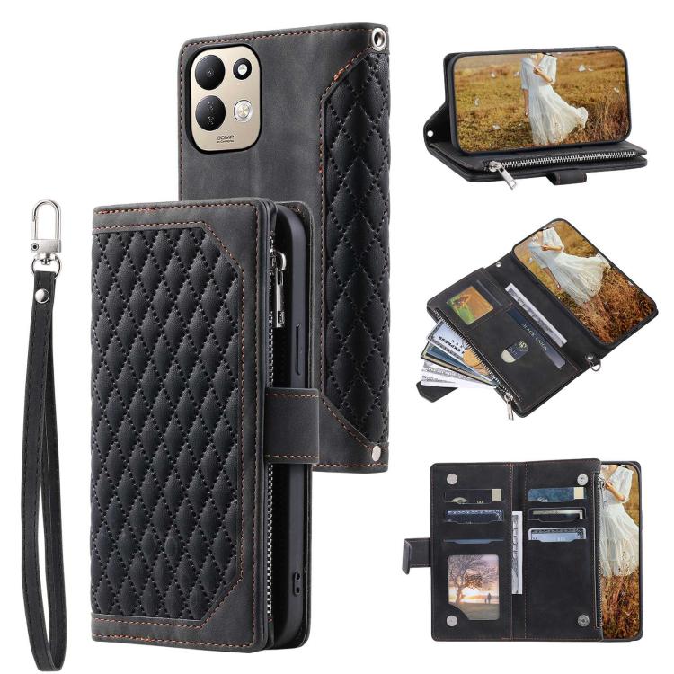 Grid Texture Zipper Leather Phone Case with Lanyard, For Redmi Note 17 5G/4G 169.74mm, For Redmi Note 17 Pro+ 5G Global 163.4mm, For Redmi 17 5G/4G Global 170mm, For Redmi Note 14 4G EU 164.84mm, For Redmi Note 14 Pro 4G, For Xiaomi Redmi Note 14 5G   ...