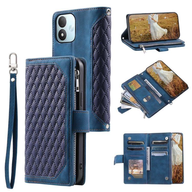 Grid Texture Zipper Leather Phone Case with Lanyard, For Redmi Note 17 5G/4G 169.74mm, For Redmi Note 17 Pro+ 5G Global 163.4mm, For Redmi 17 5G/4G Global 170mm, For Redmi Note 14 4G EU 164.84mm, For Redmi Note 14 Pro 4G, For Xiaomi Redmi Note 14 5G   ...