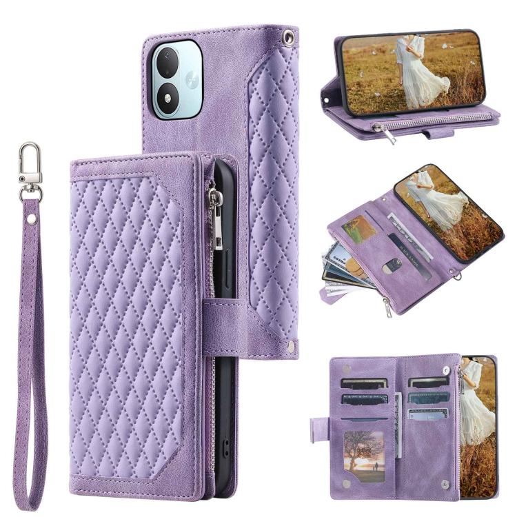 Grid Texture Zipper Leather Phone Case with Lanyard, For Redmi Note 17 5G/4G 169.74mm, For Redmi Note 17 Pro+ 5G Global 163.4mm, For Redmi 17 5G/4G Global 170mm, For Redmi Note 14 4G EU 164.84mm, For Redmi Note 14 Pro 4G, For Xiaomi Redmi Note 14 5G   ...