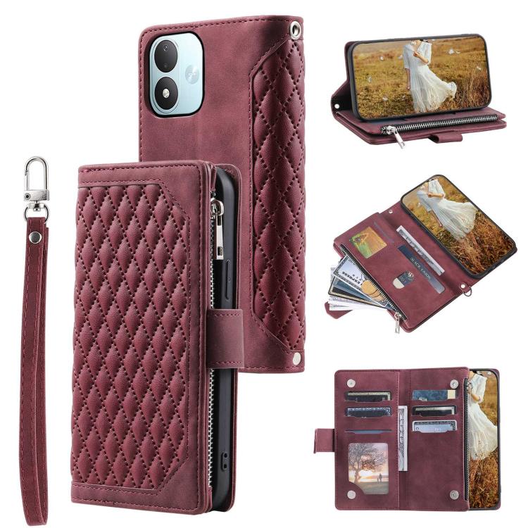 Grid Texture Zipper Leather Phone Case with Lanyard, For Redmi Note 17 5G/4G 169.74mm, For Redmi Note 17 Pro+ 5G Global 163.4mm, For Redmi 17 5G/4G Global 170mm, For Redmi Note 14 4G EU 164.84mm, For Redmi Note 14 Pro 4G, For Xiaomi Redmi Note 14 5G   ...