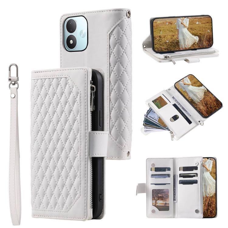 Grid Texture Zipper Leather Phone Case with Lanyard, For Redmi Note 17 5G/4G 169.74mm, For Redmi Note 17 Pro+ 5G Global 163.4mm, For Redmi 17 5G/4G Global 170mm, For Redmi Note 14 4G EU 164.84mm, For Redmi Note 14 Pro 4G, For Xiaomi Redmi Note 14 5G   ...