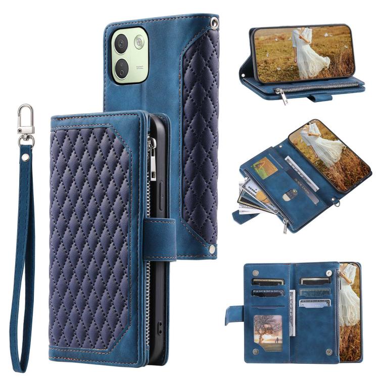 Grid Texture Zipper Leather Phone Case with Lanyard, For Redmi Note 17 5G/4G 169.74mm, For Redmi Note 17 Pro+ 5G Global 163.4mm, For Redmi 17 5G/4G Global 170mm, For Redmi Note 14 4G EU 164.84mm, For Redmi Note 14 Pro 4G, For Xiaomi Redmi Note 14 5G   ...