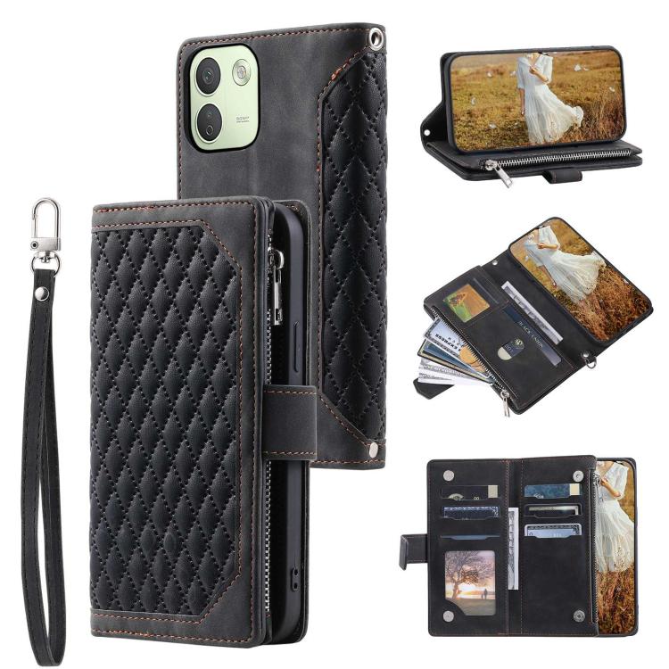 Grid Texture Zipper Leather Phone Case with Lanyard, For Redmi Note 17 5G/4G 169.74mm, For Redmi Note 17 Pro+ 5G Global 163.4mm, For Redmi 17 5G/4G Global 170mm, For Redmi Note 14 4G EU 164.84mm, For Redmi Note 14 Pro 4G, For Xiaomi Redmi Note 14 5G   ...