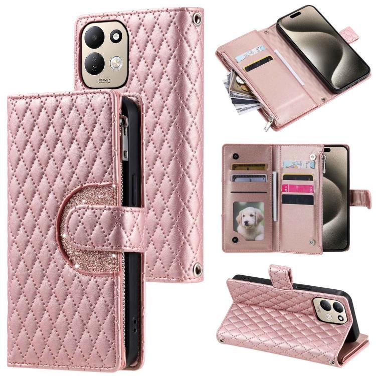 Glitter Lattice Zipper Wallet Leather Phone Case, For Redmi Note 17 5G/4G 169.7mm, For Redmi Note 17 Pro+ 5G Global 163.4, For Redmi 17 5G/4G Global 170mm, For Xiaomi Redmi 13 4G