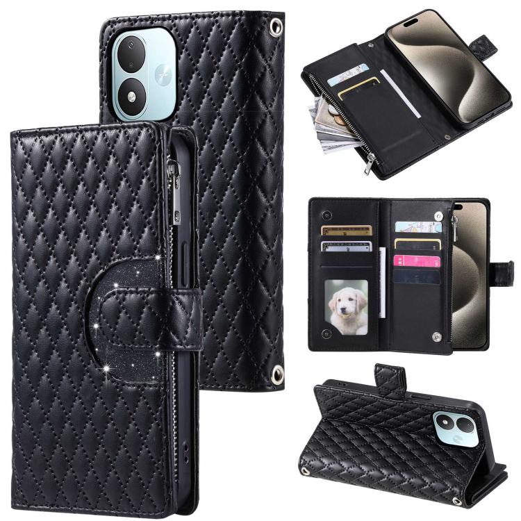 Glitter Lattice Zipper Wallet Leather Phone Case, For Redmi Note 17 5G/4G 169.7mm, For Redmi Note 17 Pro+ 5G Global 163.4, For Redmi 17 5G/4G Global 170mm, For Xiaomi Redmi 13 4G