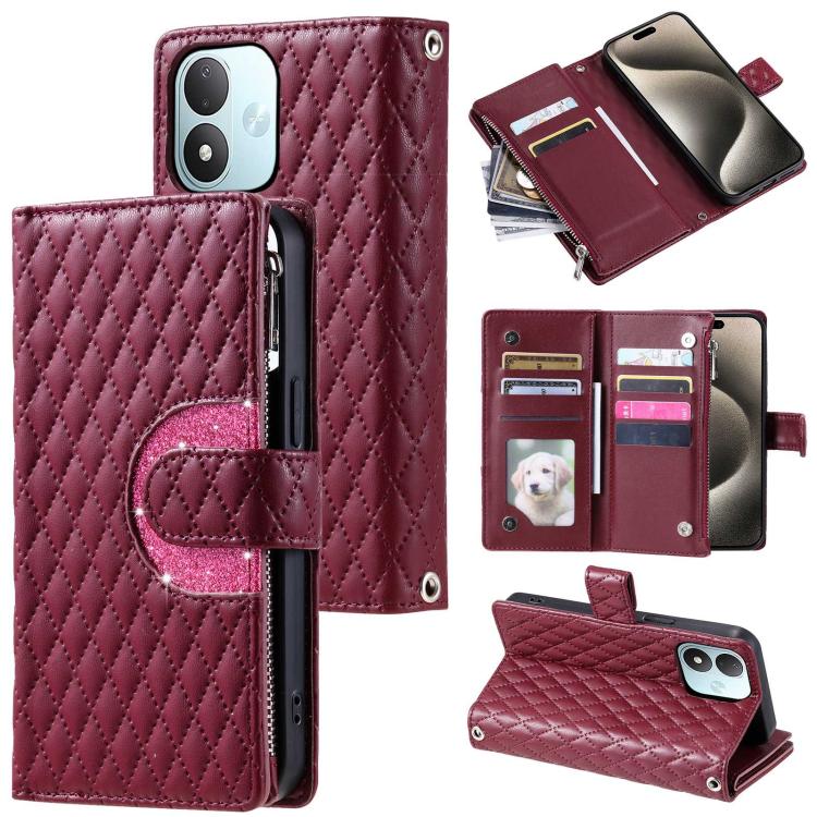 Glitter Lattice Zipper Wallet Leather Phone Case, For Redmi Note 17 5G/4G 169.7mm, For Redmi Note 17 Pro+ 5G Global 163.4, For Redmi 17 5G/4G Global 170mm, For Xiaomi Redmi 13 4G