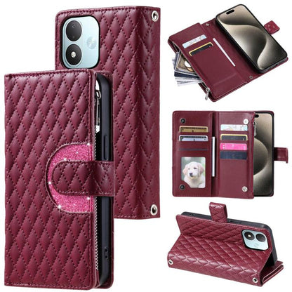 Glitter Lattice Zipper Wallet Leather Phone Case, For Redmi Note 17 5G/4G 169.7mm, For Redmi Note 17 Pro+ 5G Global 163.4, For Redmi 17 5G/4G Global 170mm, For Xiaomi Redmi 13 4G