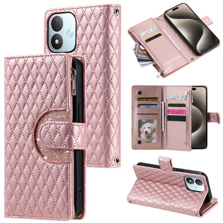 Glitter Lattice Zipper Wallet Leather Phone Case, For Redmi Note 17 5G/4G 169.7mm, For Redmi Note 17 Pro+ 5G Global 163.4, For Redmi 17 5G/4G Global 170mm, For Xiaomi Redmi 13 4G