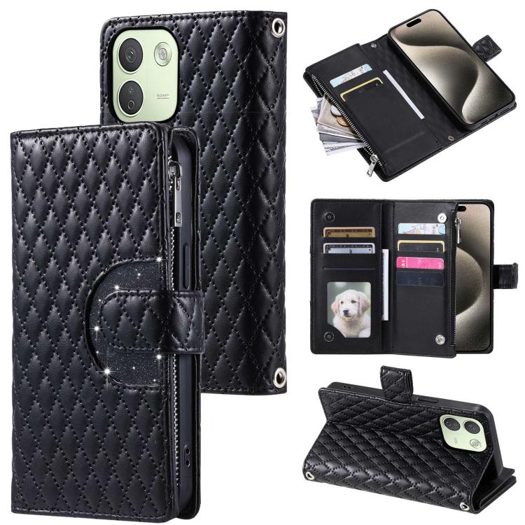 Glitter Lattice Zipper Wallet Leather Phone Case, For Redmi Note 17 5G/4G 169.7mm, For Redmi Note 17 Pro+ 5G Global 163.4, For Redmi 17 5G/4G Global 170mm, For Xiaomi Redmi 13 4G