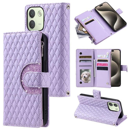 Glitter Lattice Zipper Wallet Leather Phone Case, For Redmi Note 17 5G/4G 169.7mm, For Redmi Note 17 Pro+ 5G Global 163.4, For Redmi 17 5G/4G Global 170mm, For Xiaomi Redmi 13 4G