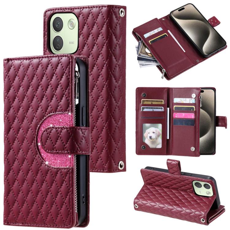 Glitter Lattice Zipper Wallet Leather Phone Case, For Redmi Note 17 5G/4G 169.7mm, For Redmi Note 17 Pro+ 5G Global 163.4, For Redmi 17 5G/4G Global 170mm, For Xiaomi Redmi 13 4G