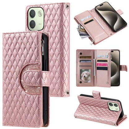 Glitter Lattice Zipper Wallet Leather Phone Case, For Redmi Note 17 5G/4G 169.7mm, For Redmi Note 17 Pro+ 5G Global 163.4, For Redmi 17 5G/4G Global 170mm, For Xiaomi Redmi 13 4G