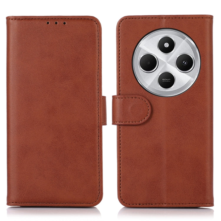 Brown faux leather wallet phone case with flip cover and large circular camera cutout.
