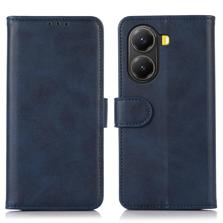 Navy blue faux leather wallet phone case with flip cover and camera cutout details.
