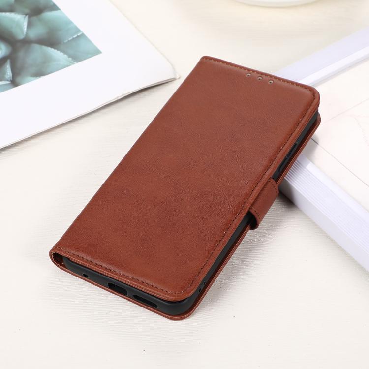 Brown cow texture leather folio phone case with side buttons cutouts